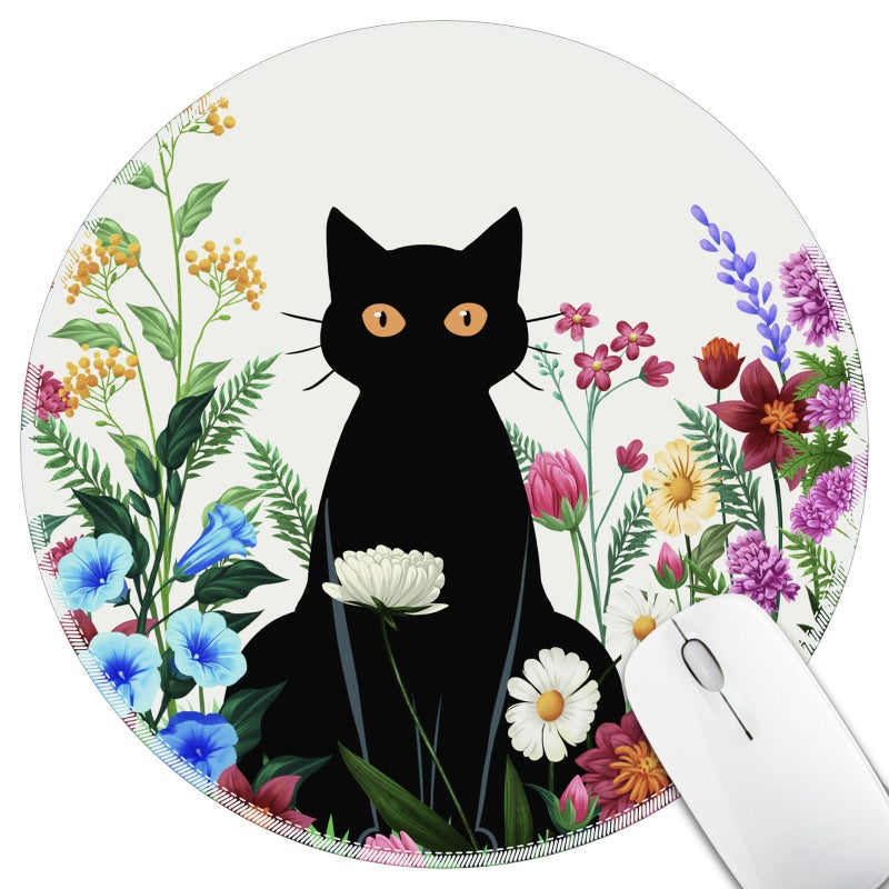 Hancynir Black Cat Floral Mouse Pad for Desk, Small Cute Mousepad with Non-Slip Base, Round Mouse Pads for Wireless Mouse Laptop Gaming, Computer Mouse Mat for Office Decor Desk Accessories Supplies - Image 1